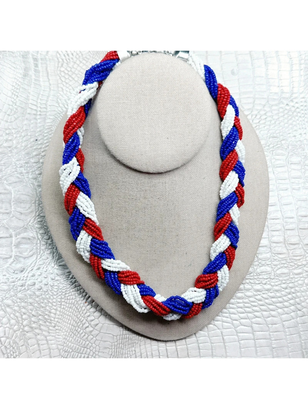 513mc. Red White and Blue Seed Bead Necklace Patriotic